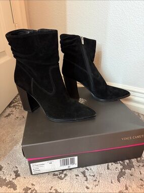 Vince Camuto “VV-Crethana” Black Verona Suede Pointed Ankle Booties